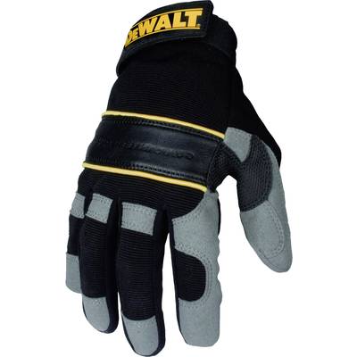 Black work glove with grey reinforcements on fingers and palm, yellow stripe and yellow logo on the wrist.