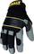 Black work glove with grey reinforcements on fingers and palm, yellow stripe and yellow logo on the wrist.