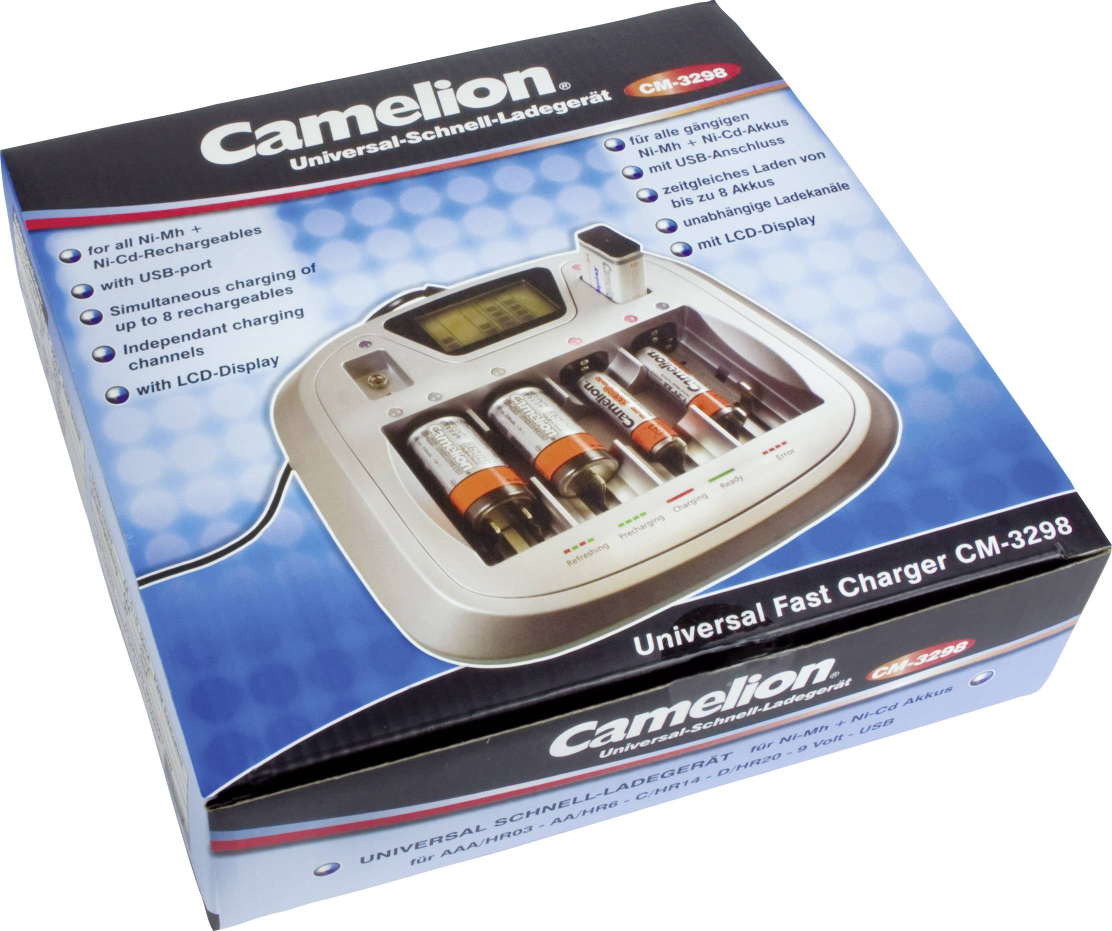 Camelion CM-3298 Charger for cylindrical cells NiCd, NiMH AAA , AA , C, D, 9V PP3-4