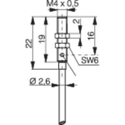 Technical drawing of a bolt: M4 x 0.5 thread, 6mm hex key width, total length 22 mm, 2 mm height, 2.6 mm diameter.