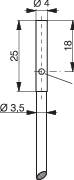 Technical drawing of a cylindrical object with diameter specifications: Ø4 at the top, Ø3.5 at the bottom; total length 25, marked at 18.