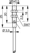 Technical drawing of a cylindrical component with dimensions: M5x0.5 thread, height 25, diameter 3.5, across flats 7, length 18.