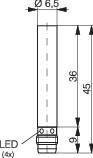 Technical drawing of a cylindrical component with dimensions: length 45 mm, diameter 6.5 mm. Inscription 'LED'.