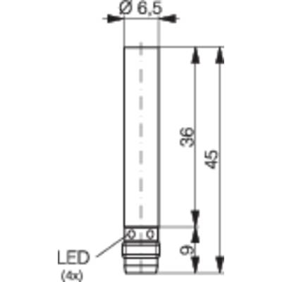 Technical drawing of a cylindrical component with dimensions: length 45 mm, diameter 6.5 mm. Inscription 'LED'.