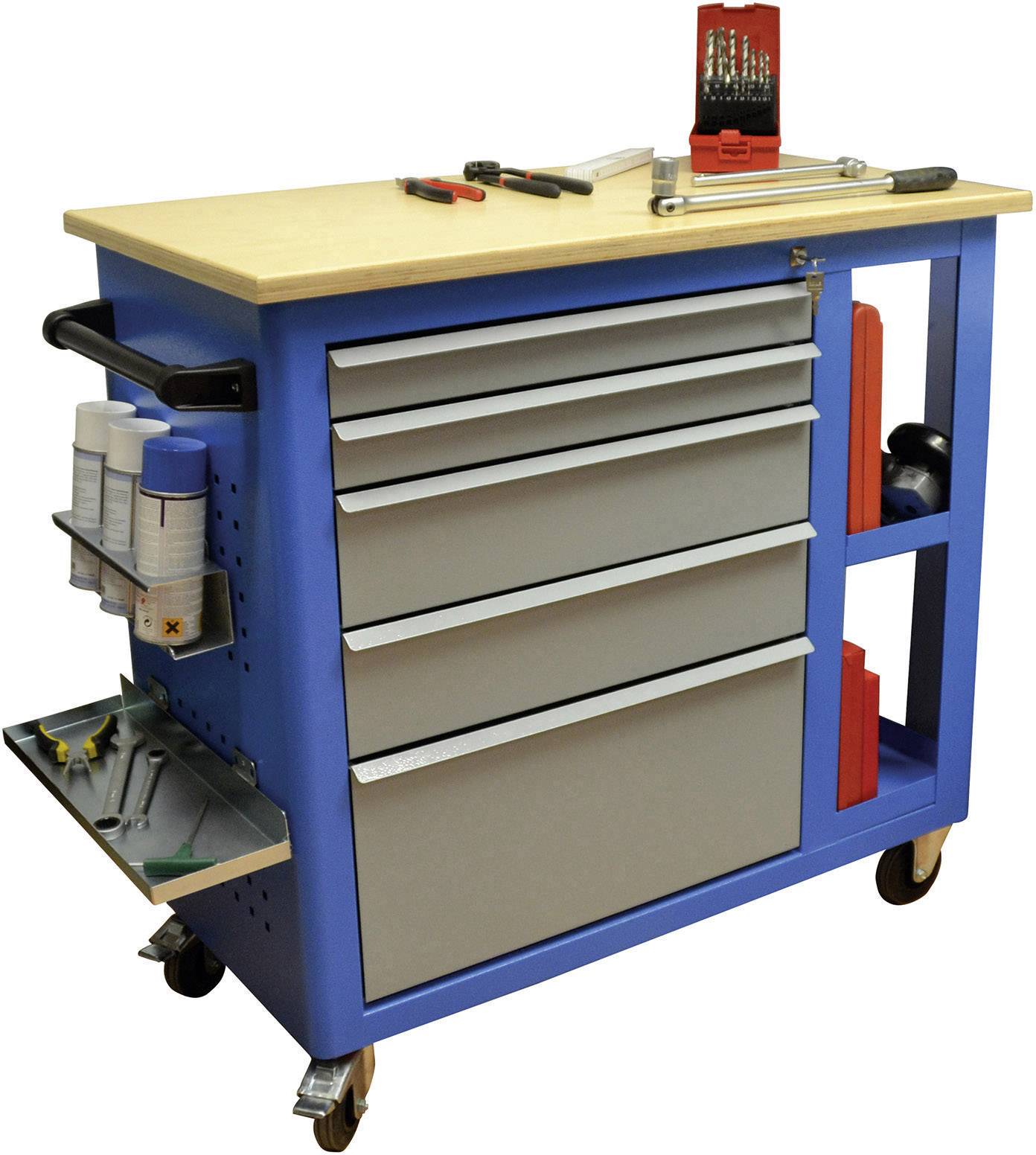 Blue workshop trolley with four drawers and side doors, filled with tools. Screwdrivers and bits are lying on top.