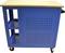 A blue mobile toolbox with a wooden top, two open shelves and a perforated side. Looks sturdy and manoeuvrable.