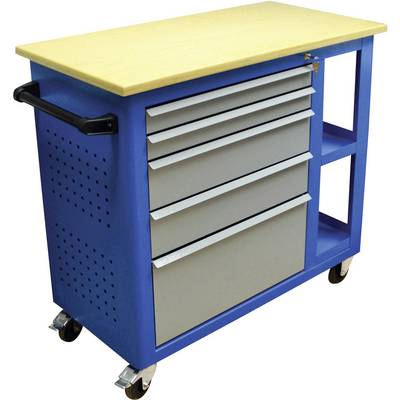 A blue workshop trolley with five drawers, a wooden top and a side handle. Stands on wheels for easy movement.