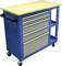 A blue workshop trolley with five drawers, a wooden top and a side handle. Stands on wheels for easy movement.