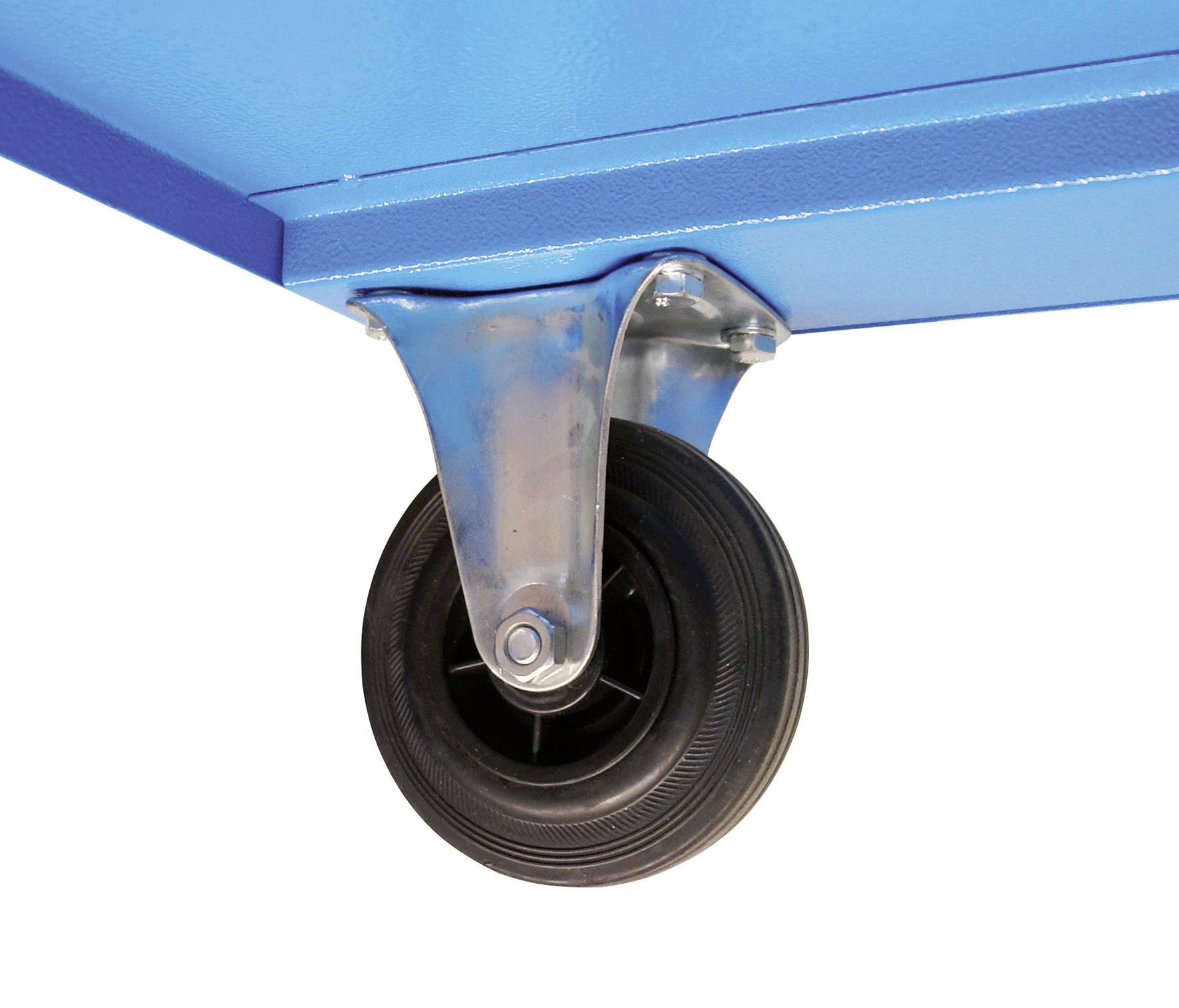 Close-up of a blue transport trolley with a black, swivel rubber wheel attached to a metal mounting bracket.