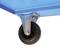 Close-up of a blue transport trolley with a black, swivel rubber wheel attached to a metal mounting bracket.