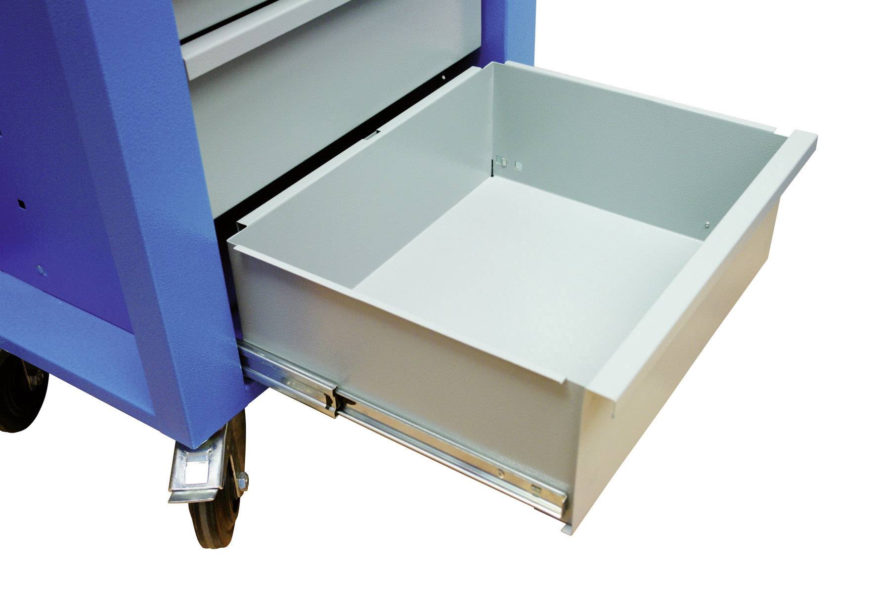 A blue tool trolley with open, extendable drawers, ready for storing tools.