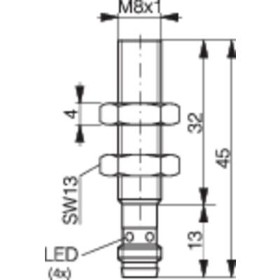 Technical drawing of a cylindrical connector, dimensions: total length 45 mm, thread M8x1, spanner size SW13, LED indicator.