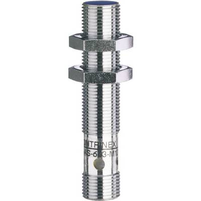 Cylindrical, metallic proximity sensor with two mounting nuts, suitable for industrial applications.