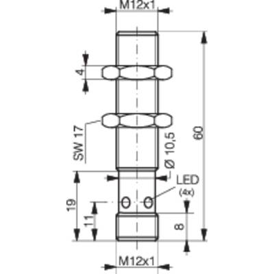 Technical drawing of a cylindrical sensor with dimensions. M12x1 thread at top and bottom, SW 17 hexagon and LED indicator.