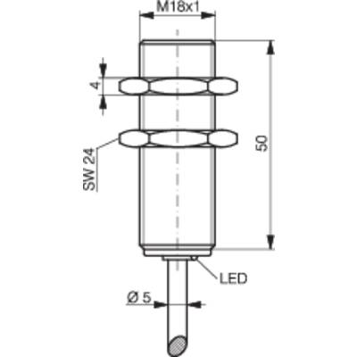 A technical diagram of a cylindrical component with M16x1 threading, a length of 50 mm, side LED indicator, and marked diameters.