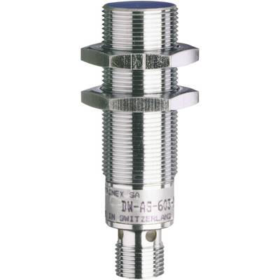 Cylindrical metal induction sensor with thread, two hexagonal nuts and 'DW-AS-603-...' marking on the surface.