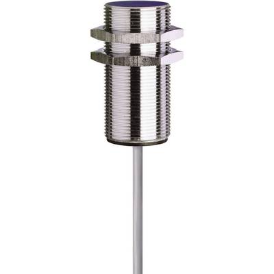 A metallic cylindrical sensor with threading and cable connection. Used for object detection in industrial applications.