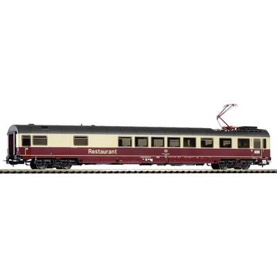A model railway restaurant car with beige and red paintwork, displayed on rails. A pantograph structure is visible on top.