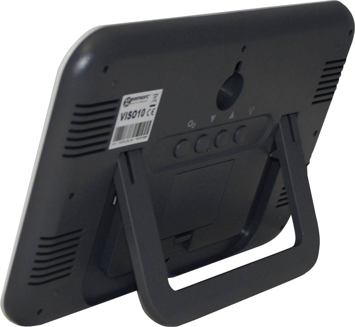 Digital photo frame in black plastic with stand. Rear view shows label with model number and CE marking.