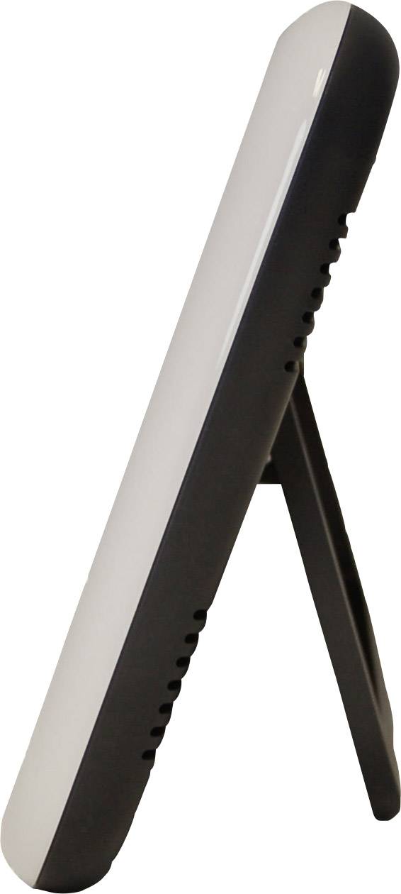 A side-standing, modern LED light panel with a black frame and a base stand.