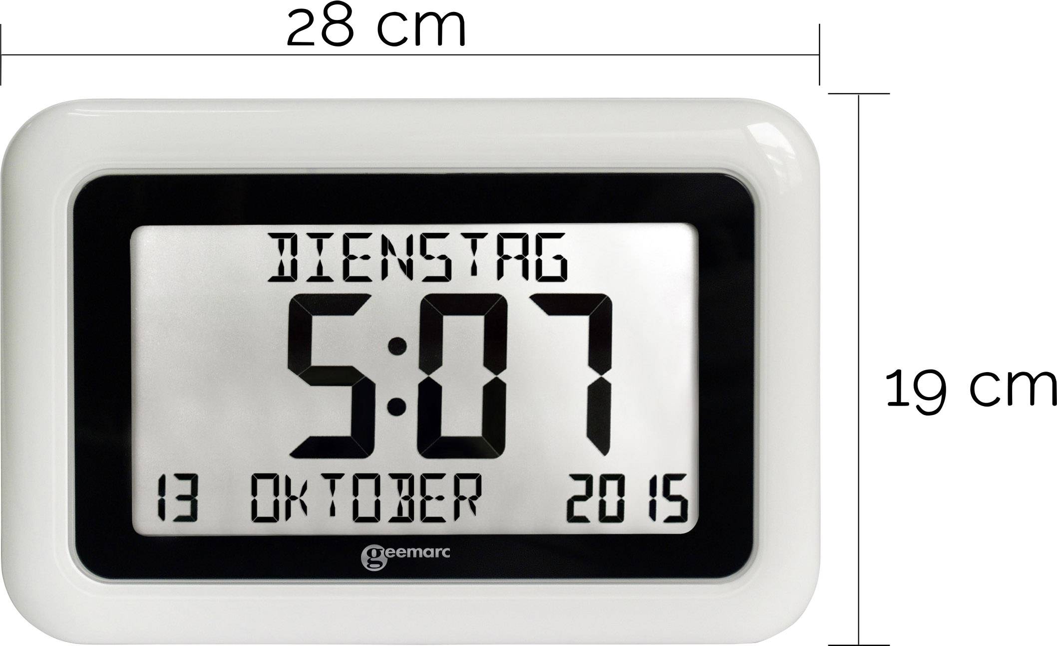 Electronic clock with large display showing 'Tuesday 5:07', '13 October 2015'. Dimensions: 28 cm width, 19 cm height.