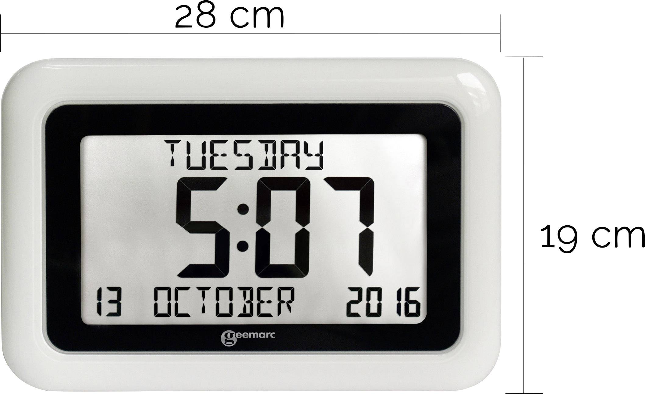 Digital wall clock shows the time '5:07', date '13 October 2016', and day of the week 'Tuesday'. Dimensions: 28 cm x 19 cm.