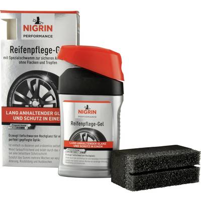 'Nigrin Performance Tyre Set: Tyre Care Gel with Specialist Sponge for Glossy and Protected Tyres. Packaging and Product Shown.'
