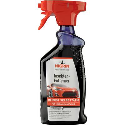 Spray bottle containing 'Nigrin Insect Remover'. Label features a red sports car image. Cleans independently with minimal effort.