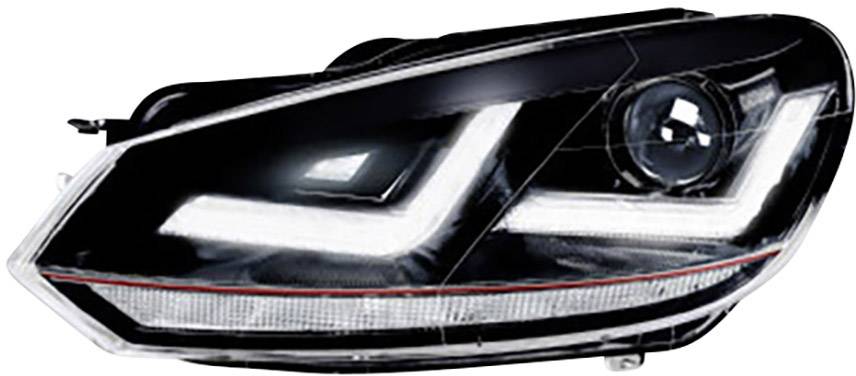 Headlights of a car with a modern LED design and distinctive, geometric light ring; demonstrating technological advances in vehicle design.