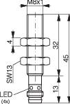 Technical drawing of a cylindrical connector with M8 thread. Dimensions: total length 45 mm, section lengths 13 mm, 32 mm and 4 mm, spanner size SW13.