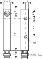 Technical drawing of an electronic component with dimensions. Shows positions of LEDs and screw holes.