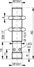Technical drawing of a cylindrical component with dimensions: Total length 60mm, diameter 10.5mm, two M12x1 threads, LED marking.