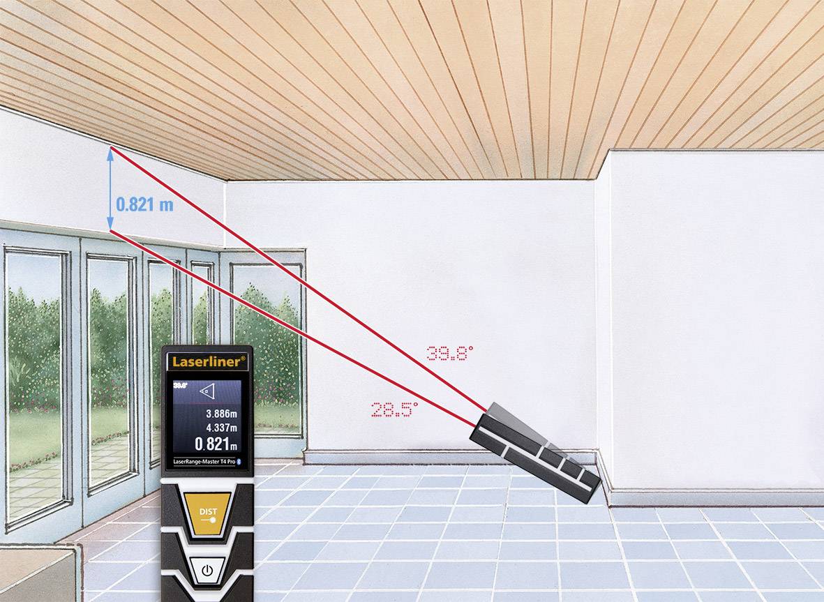 A laser distance meter measures the ceiling height of a room at a value of 0.821 m. The device is pointed at the floor.