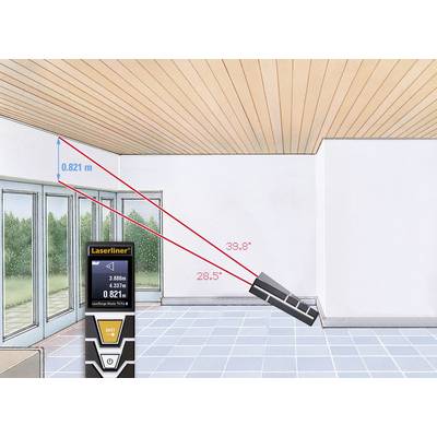 A laser distance meter measures the ceiling height of a room at a value of 0.821 m. The device is pointed at the floor.