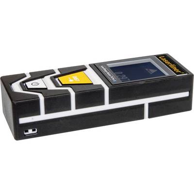 A laser rangefinder with a digital display and operating buttons. The device is black with white details.