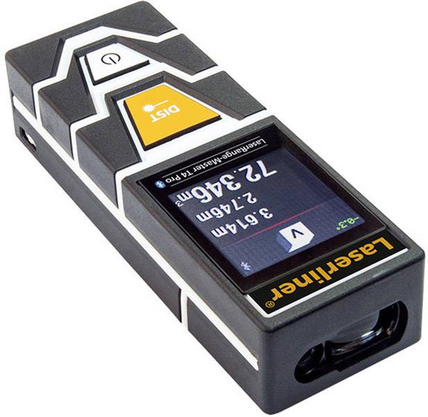 Portable laser distance measuring device with display, showing a measurement of 72.346 metres. Lightweight, compact design with control buttons.