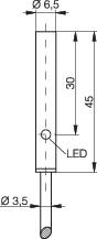Circuit diagram of a cylindrical element with Ø 6.5 mm, length 45 mm. 'LED' marking indicates position. One cable is attached at the bottom.
