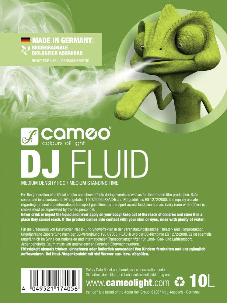 A canister with a green label displays 'DJ FLUID', a fog fluid by Cameo. Environmentally friendly, biodegradable, 10L contents.