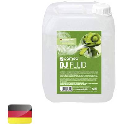 Five-litre canister of DJ-Fluid by Cameo, labelled in green with Chameleon logo and text 'Medium Density Fog Fluid'. Made in Germany.