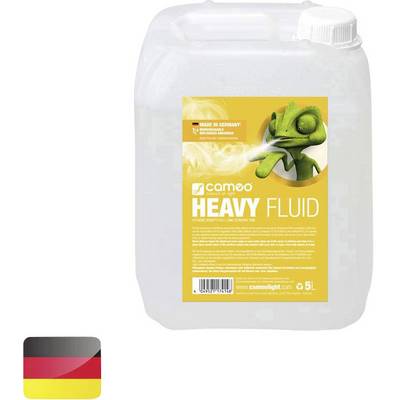 A 5-litre canister of fog fluid by Cameo, labelled as 'HEAVY FLUID', with a label in German. Manufactured in Germany.