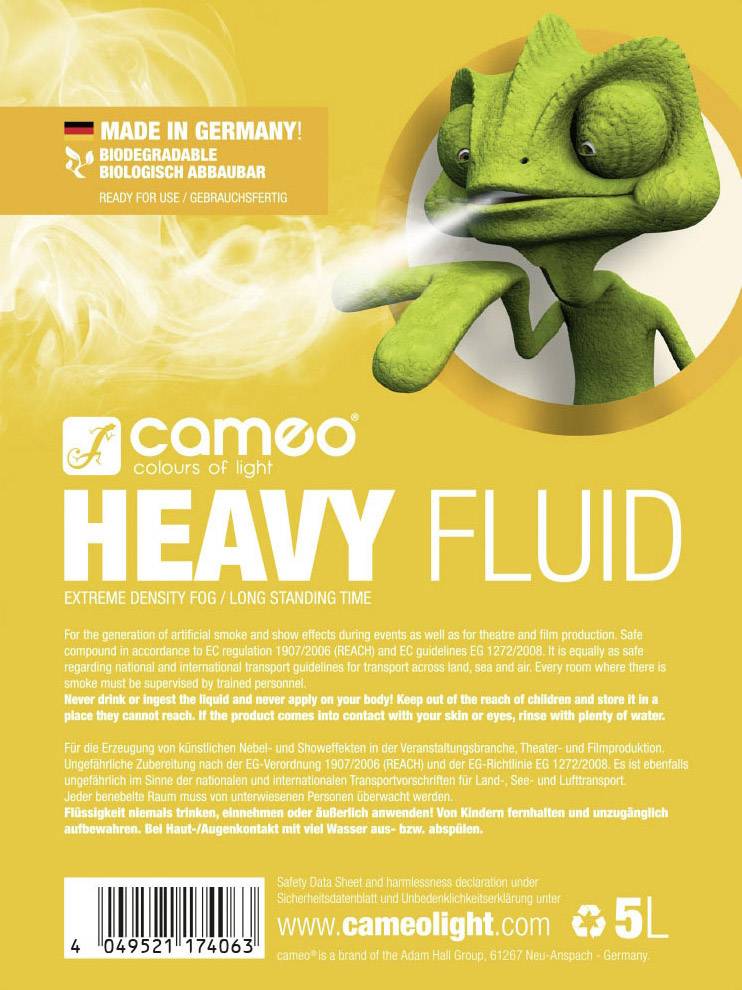 'Heavy Fluid' Nebelfluid Label, 5L, manufactured in Germany. Contains information on environmentally friendly application.