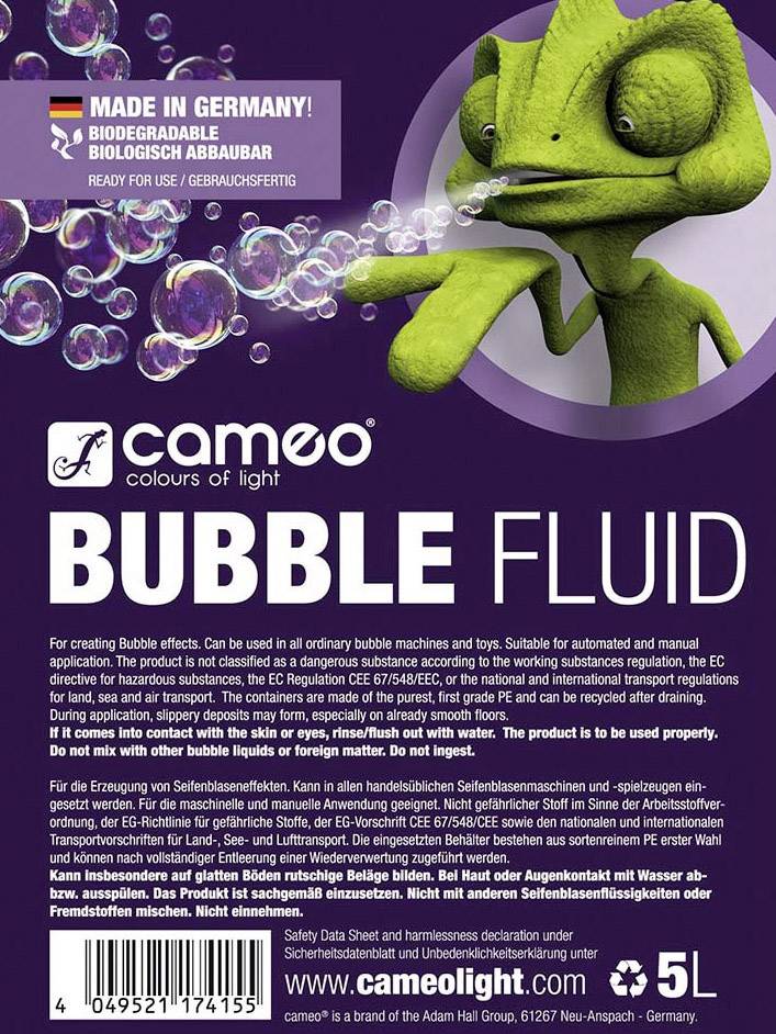Bottle Label for 'Bubble Fluid'<br><br>Instructions for Use in Bubble Machines<br>Suitable for Professional Performances<br><br>Biodegradable<br>Manufactured in Germany<br><br>5 Litres