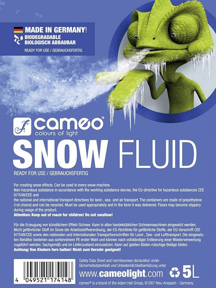 'Label of a 5-litre bottle of snow fluid by Cameo. Information on biodegradability, usage, and precautions.'