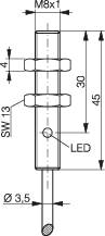 Technical drawing of a sensor with M8x1 thread, total length 45 mm, LED indicator, and 3.5 mm diameter measuring tip.