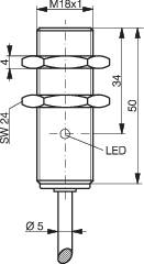 Technical drawing of a cylindrical component with M18x1 thread, length 50 mm, LED indicator, spanner size 24 mm, cable diameter 5 mm.
