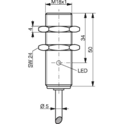 Technical drawing of a cylindrical component with M18x1 thread, length 50 mm, LED indicator, spanner size 24 mm, cable diameter 5 mm.