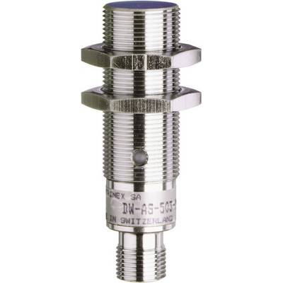 A cylindrical proximity sensor made of metal with a thread and two hexagonal nuts.