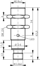 Technical drawing of a cylindrical sensor with dimensions: length 63.5 mm, diameter 16 mm, thread M18x1 at the top, M12x1 at the bottom.
