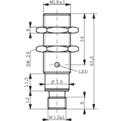 Technical drawing of a cylindrical sensor with dimensions: length 63.5 mm, diameter 16 mm, thread M18x1 at the top, M12x1 at the bottom.