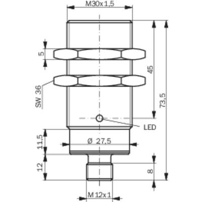 Technical drawing of a cylindrical part with threads 'M30x1.5', 'M12x1'. Detailed dimensions and position of the 'LED' are specified.